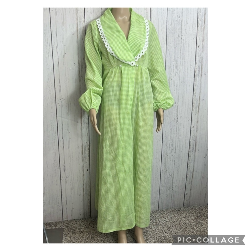 COPY - Vintage Sears Maxi Length House Coat Kimono Green Checkered Gingham Cott…